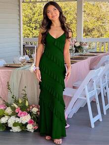 Women's Backless Bodycon Spaghetti Strap Elegant Ruffle Maxi Cocktail Party Dresses, 2025 QMO3 - Dark Green - View 8