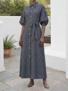 Women's Christmas Plaid Maxi Dress Lapel Collar Short Puff Sleeve Button Down Belted A-Line Dress Fall Winter Party Holiday Clothes - 黑色 - 查看 5