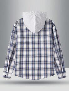 Chaqueta de cuadros con capucha, bolsillo en el pecho, ajustable con cordón, corte holgado, adecuada para primavera y otoño - Azul - Ver 4