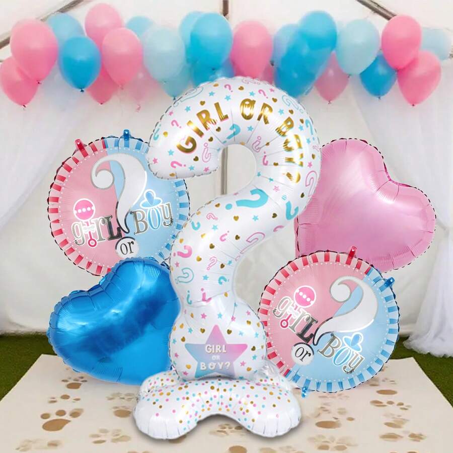 1/5 件性别揭秘气球套装，包含站立问号气球、18 英寸蓝色和粉色圆形性别揭秘气球，适用于性别揭秘派对、粉色和蓝色生日派对、迎婴派对、照片背景 - 彩色 - 查看 1