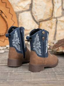 Children's Vintage Casual Embroidered Square Toe Boots, Suitable For All Seasons - Blue - View 6