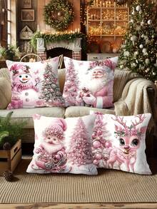 4 件套节日圣诞抱枕套，17.2 英寸 x 17.2 英寸，图案包括雪人、驯鹿、圣诞老人和小矮人，拉链式涤纶抱枕套，适用于客厅沙发装饰，现代风格，可机洗，不含枕芯，圣诞抱枕套 - 粉色 - 查看 7
