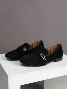 Women's Fashion Metal Buckle Round Toe Low Heel Flats - Black - View 7