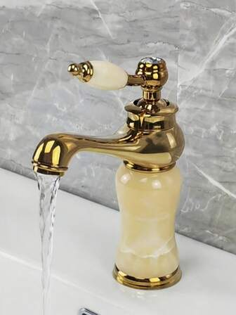 1pc European Luxury Natural Jade Basin Faucet, Gold Chrome Plated Cold & Hot Single Hole Bathroom Faucet, Jade Body With Gold Plating Craftsmanship, Showcasing High-End Elegant Quality, Suitable For New Chinese, Luxury Bathroom Style, Ceramic Valve Core Durable Anti-Leakage, Easy Installation, Jade Faucet, Gold Faucet, Luxury Basin Faucet, Cold & Hot Bathroom Faucet, New Chinese Style Faucet, High-End Bathroom Faucet, Gold Plated Faucet, Comes With Dual Water Supply Hoses