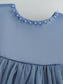 女婴灰蓝色蝴蝶结装饰网眼拼布无袖迷你连衣裙 - 霧霾藍 - 查看 4