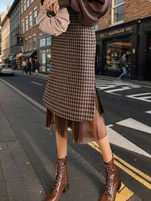 Elegant Women's Split Maxi Skirt, Plaid High Waist A-Line Mid-Length Skirt, Suitable For Spring, Autumn And Winter - Brown - View 4