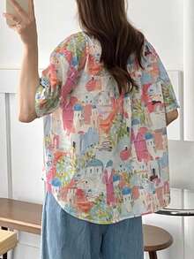 YUXIN 春夏熱銷女款彩色城堡印花短袖襯衫，寬鬆翻領，日常度假穿搭，多色可搭紅色 - 紅色 - 查看 6