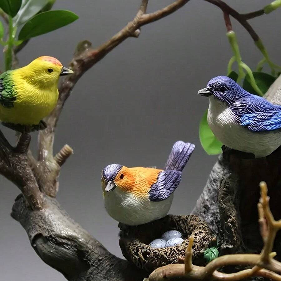 3-Piece Set, Colorful Three Bird Decoration, Orange Green Resin Bird Craft Decoration, Realistic Bird's Nest Garden Bonsai Decoration Accessories, Indoor Decoration, Home Decoration, Nature Inspired Decoration, Decorative Embellishment, Durable Resin, Delicate Sculpture, Mini Bird, Suitable For Gardening Enthusiasts And Collectors - 3件 - 查看 1