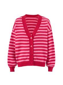 Tricot d'hiver à la mode - Retour à l'école - Hauts basiques polyvalents chics décontractés - Conception affinante réversible col en V - Cardigan tricoté à boutons à rayures contrastées polyvalent - Tenues de bureau pour femmes - Hauts pour sortir - Tenue de voyage aéroport - Noël - Nouvel An