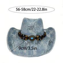 Adults Sequin Western Cowgirl Hats Fashionable Wide Brim Outdoor Denim Fedora Caps With Bead String - 深藍色 - 查看 6