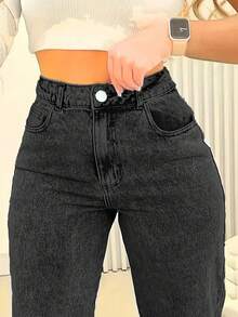 Women's Pocket Straight Loose Casual Versatile Jeans - Black - View 5