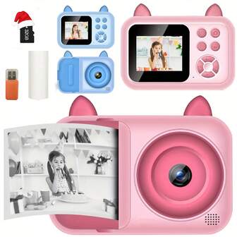 儿童相机即时打印，适合 3-12 岁女孩男孩的圣诞节生日，儿童数码相机用于打印黑白照片，创意探索理想青少年幼儿玩具相机，带 32GB 卡