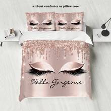 3PCS Pink Eyelash Pattern Printed Duvet Cover 3-Piece Set, Personalized Design, Multiple Sizes To Choose From, Warm, Comfortable, Breathable, Skin Friendly, Suitable For Bedroom, Guest Room, Homestay And Other Scenes, Suitable For Women (1 Duvet Cover+2 Pillowcases, No Core)