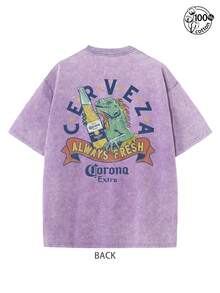 Graphic Tee With A Lizard Holding A Beer; Corona Extra , Always Fresh; Retro Washed T-Shirt With Double-Sided Printed (230G Pure Cotton T-Shirt); Crew Neck, Short Sleeves, Regular Fit, Casual Wear With Design, Streetwear For Men, Men's Fall Clothes, Vintage T-Shirt,Unisex - Màu tím - Xem 2