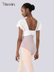 DonsGirl 1 件女式芭蕾舞紧身衣，2 合 1 吊带飘袖紧身衣，体操运动服，舞蹈表演服装 - 淺灰紫 - 查看 3