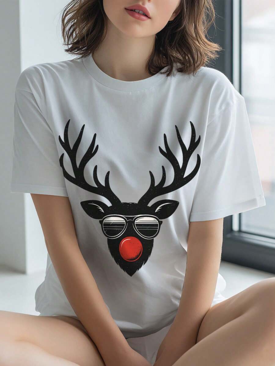 Camiseta Suelta de Moda Impresa, Navidad, Renos, Camiseta Gráfica, Regalo , Prenda Básica de Temporada para Mujer Moderna - Blanco - Ver 1