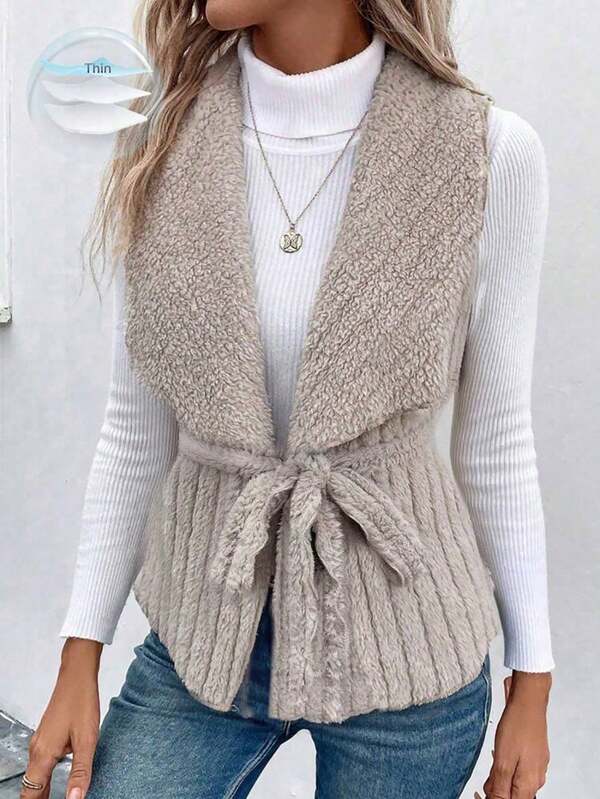Plus Size Women Sherpa Fleece Striped Reversible Collar Belted Vest Jacket, Warm Outerwear For Autumn/Winter