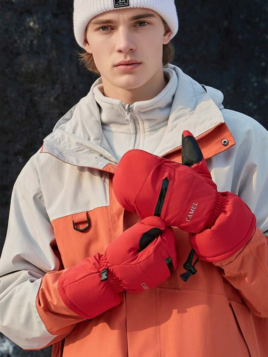 CAMEL CROWN Winter Windproof Waterproof Thickened Warm Ski Gloves - Red - View 1