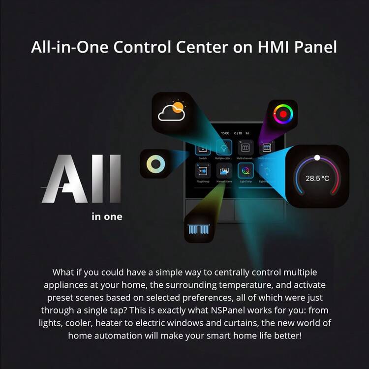 NSPanel- EU,SONOFF NSPanel WiFi Smart Scene Wall Switch, 2 Gang Switch Smart Home Control Panel With Temperature Control Function, Smart Lights Control, Work With Alexa, Require Live & Neutral Wire,Black,Weather, Indoor Temperatures, And Clock,Temperature Adjustment,Voice And App Remote Control ,Smart Home Control. - Black - View 4