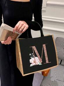 26字母印花手提袋，多功能便携印花手提袋，大容量耐用轻便手提袋，亚麻花卉图案字母印花手提袋 - 彩色 - 查看 3