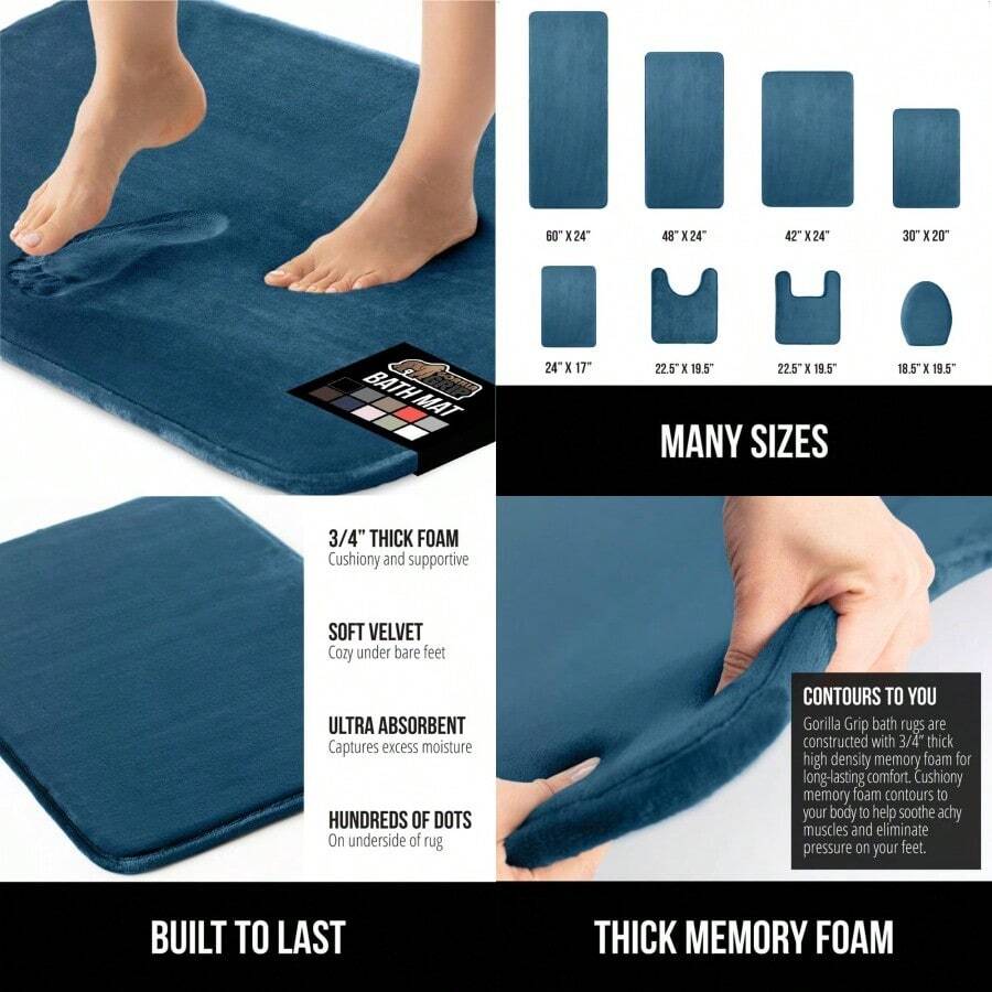 Thick Memory Foam Bathroom Mat Soft Absorbent Bathtub Mats Durable Underside Hine Washable Quick Dry Bathmat Rug Shower And Tub Floor Rugs Bath Accories 61x43 Cm Blue - Blue - View 1