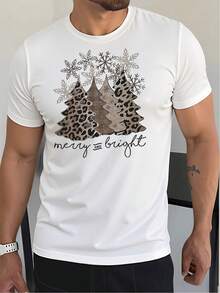 Camiseta masculina de manga corta con estampado navideño de árboles, copos de nieve y diseño moderno animal print, estilo casual y cómodo para fiestas y invierno - Blanco - Ver 1