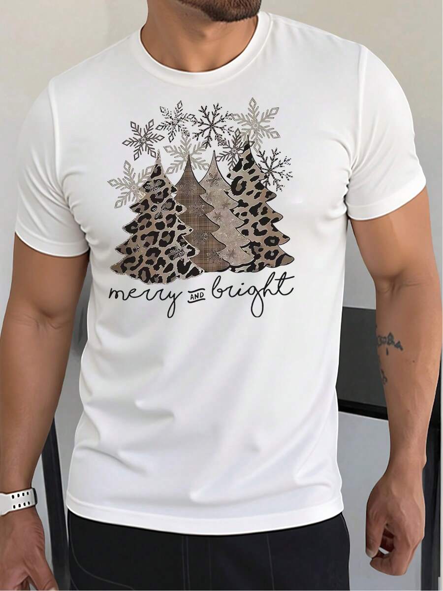 Camiseta masculina de manga corta con estampado navideño de árboles, copos de nieve y diseño moderno animal print, estilo casual y cómodo para fiestas y invierno - Blanco - Ver 1