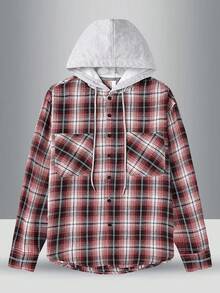 男士时尚宽松胸袋可调节抽绳连帽格子衬衫外套，适合春秋季穿着 - 紅色 - 查看 2