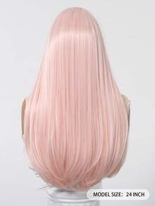 60 cm lång, rak, rosa, syntetisk peruk med lugg, lämplig för kvinnor, för fest, cosplay, värmebeständig