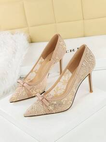 European & American Style Bowknot, Sequin, Lace Mesh Pointed Toe Thin Heel High Heel Pumps, Women's Party Shoes,Stilettos Heels - Champagne - View 5
