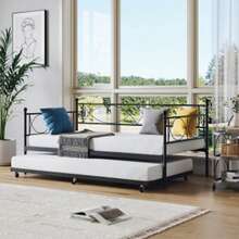 Huisuilinss Twin Daybed With Trundle,Metal Day Bed,Sofa Bed Frame With Metal Slat Support,Twin Size Mattress Foundation,Sofa Day Bed For Living Room,Bedroom,Space Saving - Black Set - View 3