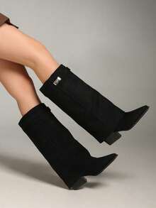 25 New Suede Pointed Toe High Heel Ankle Boots For Women, Chunky Heel, Gorgeous Brown Maillard Booties, Slim Fit, Boots - Black - View 7