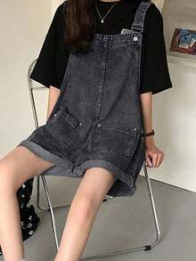 女式夏季纯色双口袋休闲牛仔背带短裤 - 灰色 - 查看 3