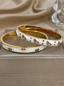 Ensemble de bracelets manchettes en acier inoxydable plaqué or 18 carats avec émail et œil du mal. Bijoux vintage de luxe, élégants et bohèmes. Cadeau pour maman, Noël, Thanksgiving, Halloween, mariage, rave/bal de promo/fête, anniversaire, demoiselle d'honneur, Saint-Valentin, accessoires quotidiens - Multicolore - Voir 4