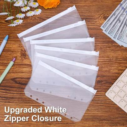 20个A5 A6 A7活页夹口袋，6孔预算活页夹内芯，现金填充信封，用于预算管理，白色拉链袋文件夹，活页填充袋，资金整理器，适用于A5 A6 A7 6孔计划本和活页夹