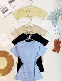 T shirt Algodão importado femininas modas DXY.9527-5  Simples    Nenhum    Férias  Praia - AZUL BEBE - Visão 5