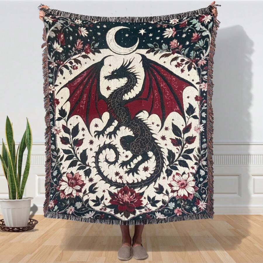 1 pieza Manta con borlas con estampado de dragón occidental de jacquard bohemio, versátil para todas las estaciones, adecuada para camping, sofá, oficina, dormitorio y decoración de la sala de estar
