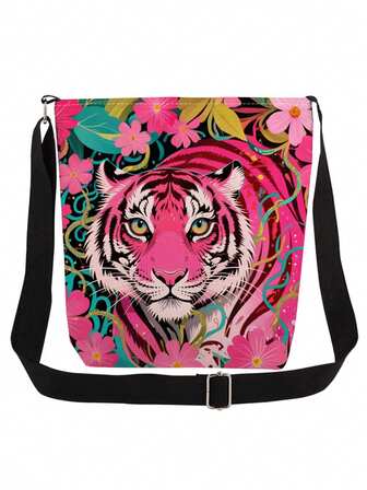 Personalized Pants Pink Tiger Print Pattern Unisex Reusable Shoulder Bag, Fashion Casual Messenger Bag With Floral & Animal Elements, Convenient Crossbody Bag, Party Gift For Tiger Lovers