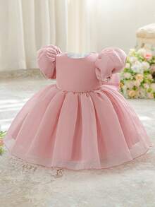 Vestito da damigella d'onore per bambine con collo rotondo, schiena in rete con fiocco, motivo floreale carino, adatto per feste di 1° compleanno, matrimoni, uscite, non include fascia per capelli