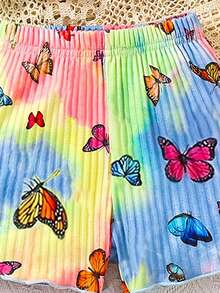 女童可爱蝴蝶印花扎染无袖背心和短裤套装，夏季新款休闲服装套装，花卉印花吊带背心婴幼儿服装 - 彩色 - 查看 5