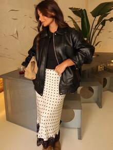 Women Satin Lace Trim Midi Skirt Polka Dot Print High Waist Long A-Line Skirts Vintage Silk Going Out Dress Y2k Streetwear Party Clubwear - 白色 - 查看 1