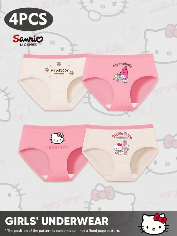 Sanrio 4pcs/Pack Kids' Sanrio Kitty Low-Rise Printed Briefs, Girls' Underwear