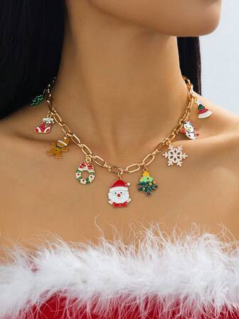 1 件圣诞合金珐琅雪花圣诞老人姜饼人圣诞树吊坠项链，适合女性节日派对礼物佩戴