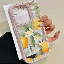 3-in-1 Double-Sided Phone Case with Lemon Flower and Rhinestones, Suitable for Series 16 Pro Max, 16, 15 Pro, 14, 14 Plus/14 Pro Max, 13, 13 Pro, 12 Pro, 11 Pro Promax.Non-slip and stain-resistant soft case suitable for men and women with diamond decorati