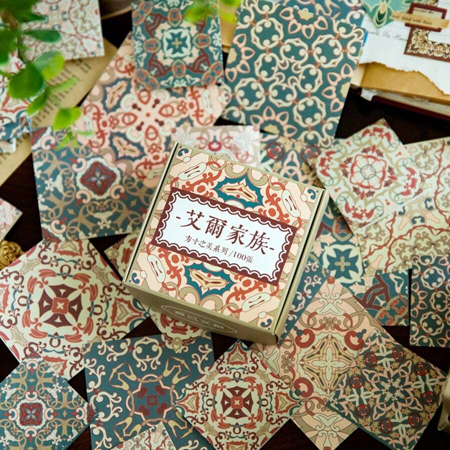 100pcs/Pack Vintage Floral Tile Stickers, Creative Aesthetic Stickers, DIY Decorative Collage Craft Materials, Holiday Gifts, Personalized Scrapbooking School Supplies Scrapbook Supplies Stationery - Red - View 1