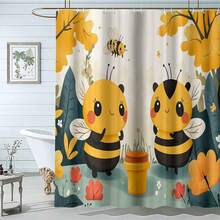 1Pc 71"W X71"L (180 X 180cm) Cute Cartoon Bees With Honey Pot Shower Curtain, Bees, Honey Pot, Flowers, Leaves, Ing Style Bathroom Decor, Polyester Fabric Curtain For Bathroom, Machine Washable, Easy Hang, Suitable For Nature And Animal Lovers, Homes, Hotels, Bringing A Lively Garden Vibe To Bathroom - 金色 - 查看 1
