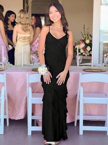 Women's Backless Bodycon Spaghetti Strap Elegant Ruffle Maxi Cocktail Party Dresses, 2025 QMO3 - Black - View 2