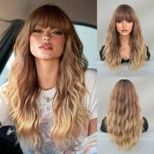 7JHH WIGS Ombre Brown Wig With Bangs For Women 22 In Long Wavy Brown Mixed Blonde Wig With Dark Roots Natural Curly Synthetic Resistant Fiber Wigs For Women Daily Party Use,Mother'sdaygifts - Brown Ombre - View 13