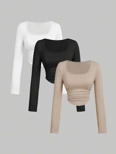 3pcs Women Pleated Casual Square Neck Long Sleeve T-Shirt Set, Warm Clothing, Autumn Womens Wear, Outerwear, Holiday Womens Outfit, New Year, White Top