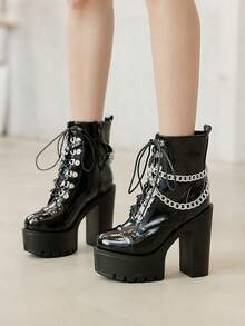 Women's Goth Platform High Heels Boots Lace-Up Chunky High Heels Round Toe Zipper Punk Ankle Booties Fashionable Rave Buckle Y2k Booties - Đen A - Xem 8